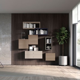 Composición Cubos Q2 de Loyra, con módulos en chapa de madera y módulos lacados