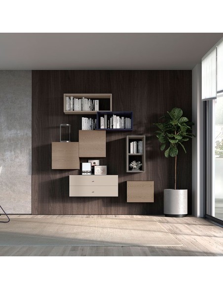 Composición Cubos Q2 de Loyra, con módulos en chapa de madera y módulos lacados