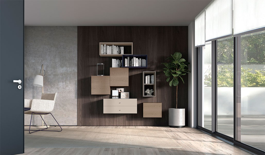 Vista en ambiente de salón de la Composición Cubos Q2 de Loyra