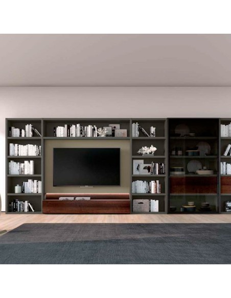 Composición IOS 05 de Loyra, acabados grafito mate, tórtola mate y eucalipto ahumado