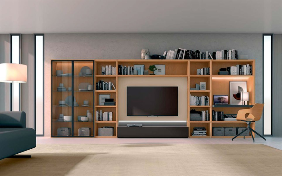 Vista en ambiente de la Composición IOS 06 de Loyra, con librería modular para salón con vitrina y escritorio