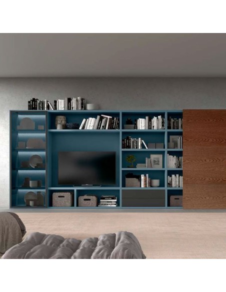 Composición IOS 07 de Loyra, con librería para salón con puerta corredera, vitrina y cajones