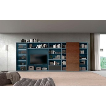 Composición IOS 07 de Loyra, con librería para salón con puerta corredera, vitrina y cajones 2