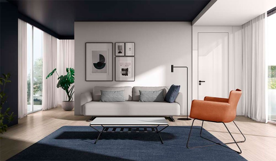 Mesa rectangular de centro con estructura metálica y tapa lacada