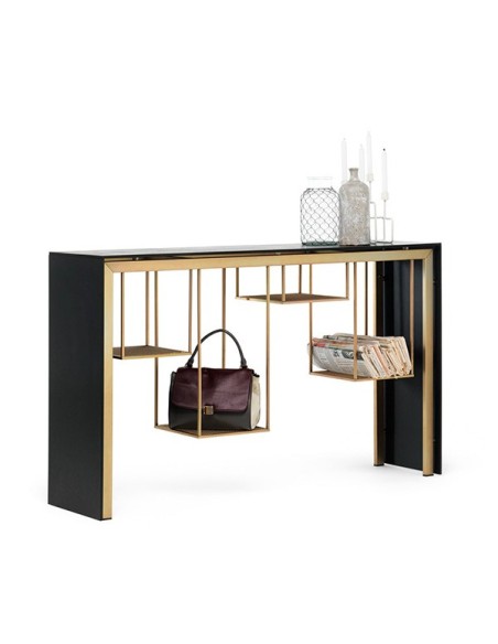 Consola Tokyo de la  firma de diseño italiana Mogg, con estructura metálica y tapa y costados en MDF negro