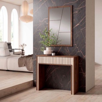 Recibidor moderno 82, con espejo rectangular y consola con cajón y panel alistonado