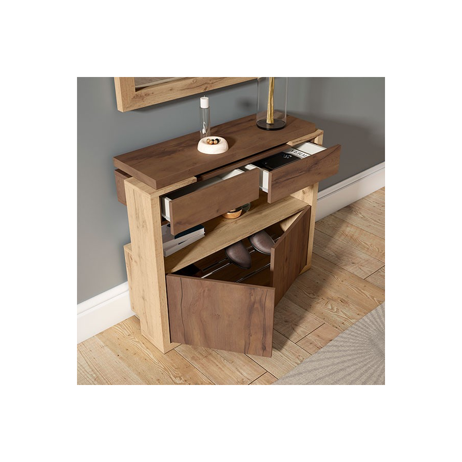 Detalle del interior del recibidor moderno 380, con dos cajones y zapatero con capacidad para 6 pares