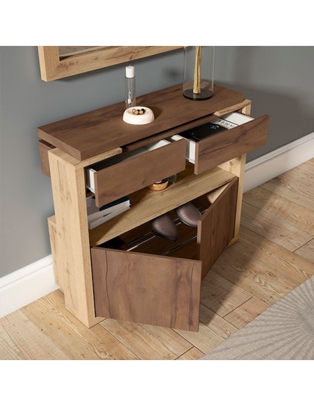 Detalle del interior del recibidor moderno 380, con dos cajones y zapatero con capacidad para 6 pares