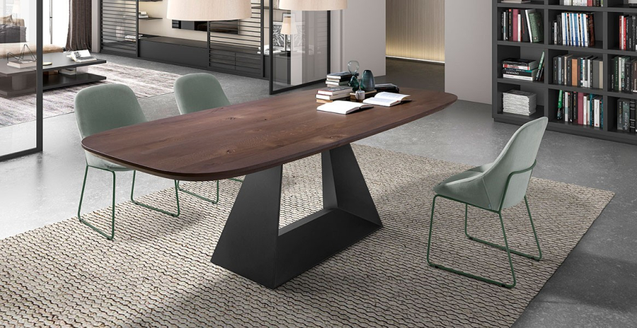 Mesa Sue Fix Wood con tapa de madera y pie metálico central
