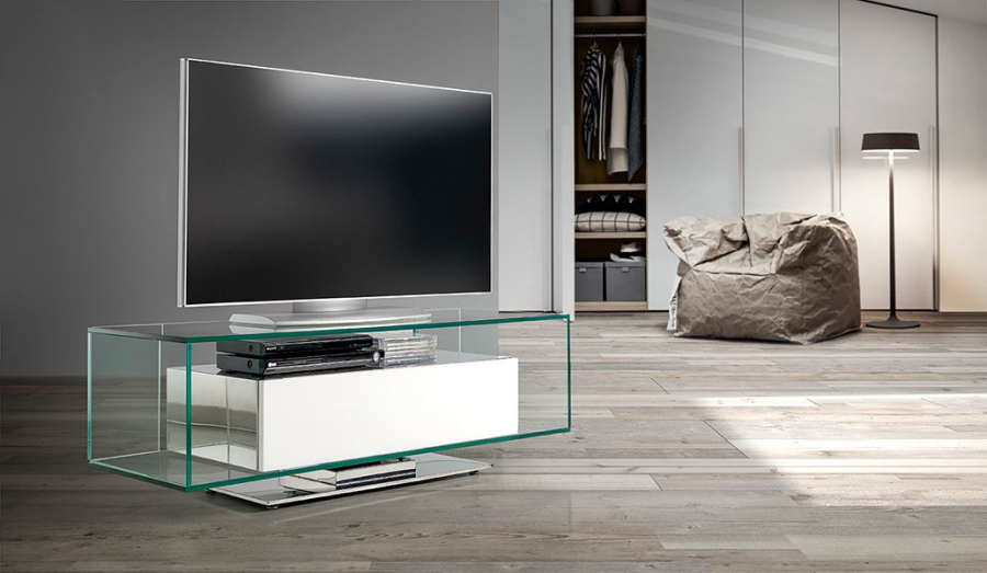 Mueble de televisión Fox fabricado en vidrio con cajón