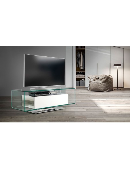 Mueble de televisión Fox fabricado en vidrio con cajón
