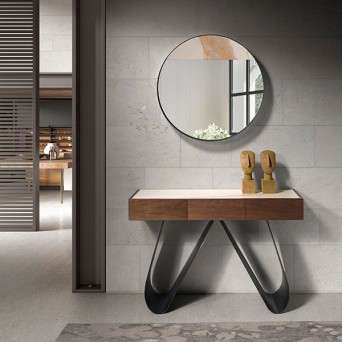 Consola Papallona de Mobles Nacher, con estructura en chapa de madera natural, patas metálicas y tapa porcelánica 2