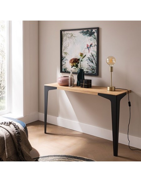 Consola Fly de Altacorte, con tapa de madera maciza y base con dos patas metálicas