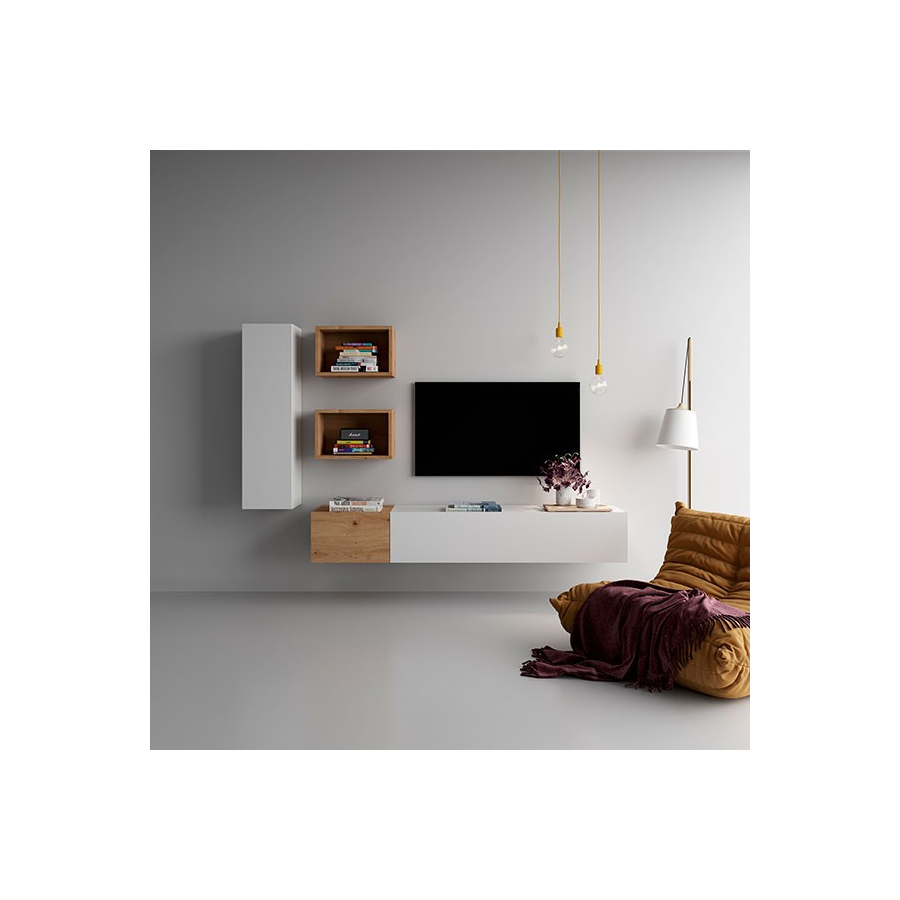 Salón Block 435, con mueble tv con puertas abatibles, módulo colgado y dos pequeños cubos
