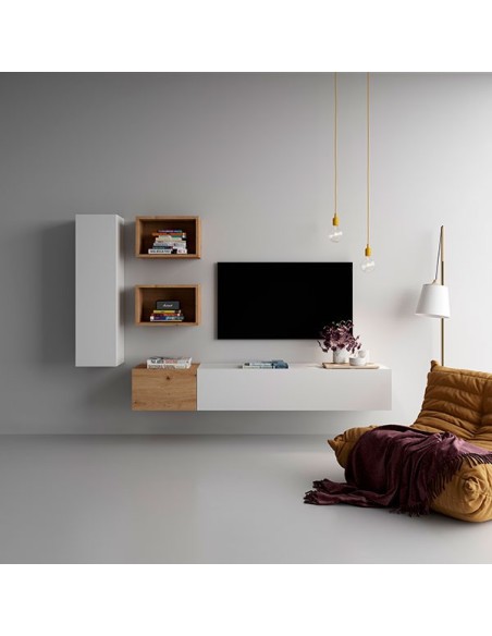 Salón Block 435, con mueble tv con puertas abatibles, módulo colgado y dos pequeños cubos