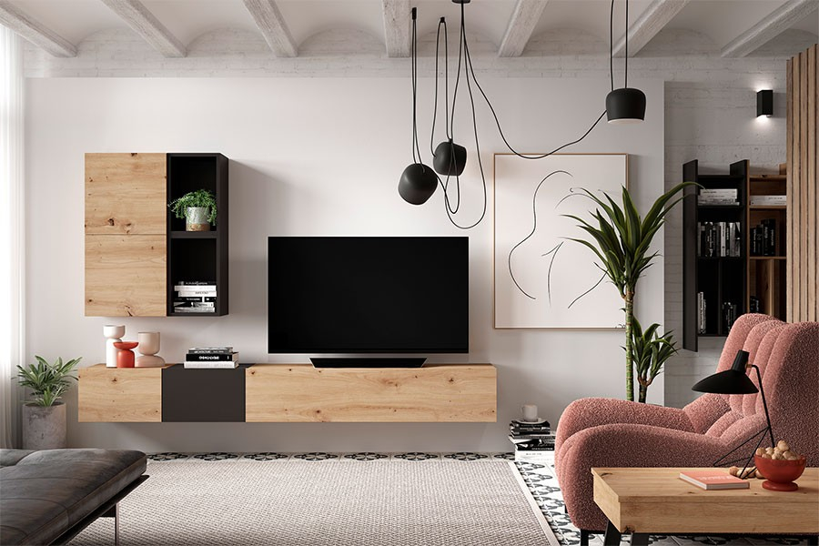 Vista ambiente del Salón Block 408, con mueble tv y módulos superiores colgados
