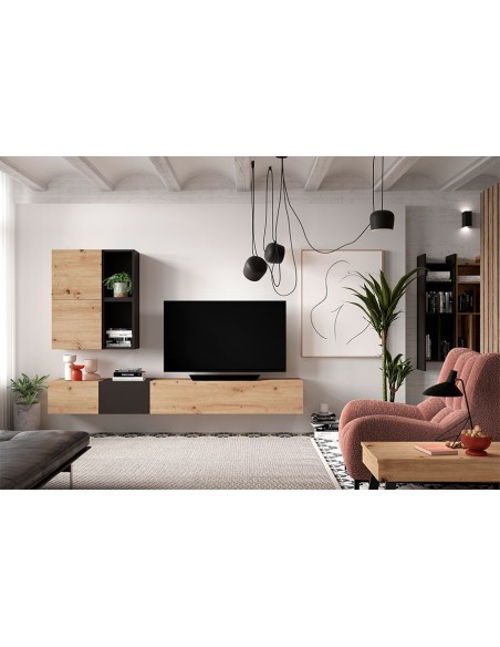 Vista ambiente del Salón Block 408, con mueble tv y módulos superiores colgados