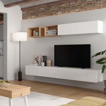 Salon Block 440, fabricado en melamina y acabado en blanco y artisán