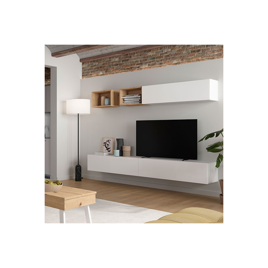 Salon Block 440, fabricado en melamina y acabado en blanco y artisán