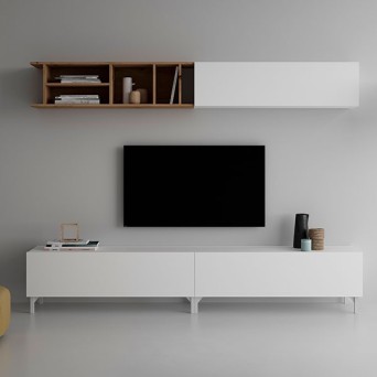 Salón Block 441 fabricado en melamina, con mueble tv, módulo superior y estantería horizontal