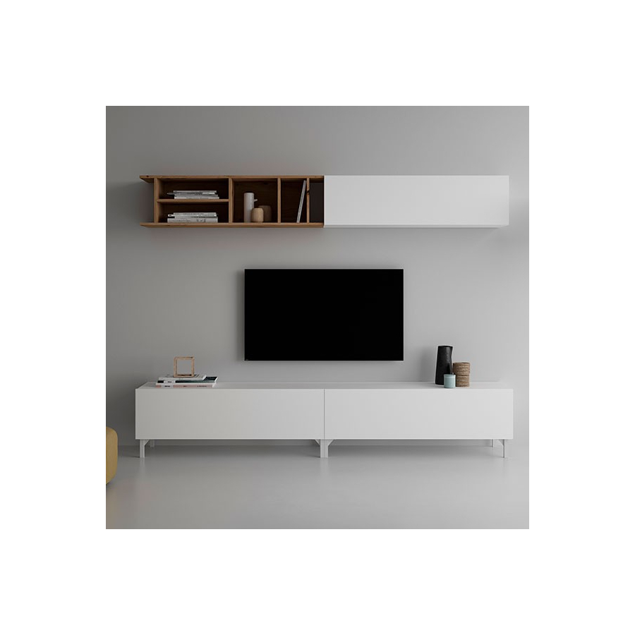 Salón Block 441 fabricado en melamina, con mueble tv, módulo superior y estantería horizontal