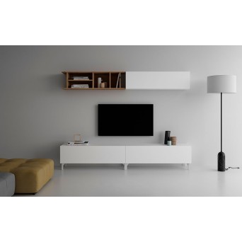 Salón Block 441 fabricado en melamina, con mueble tv, módulo superior y estantería horizontal 2