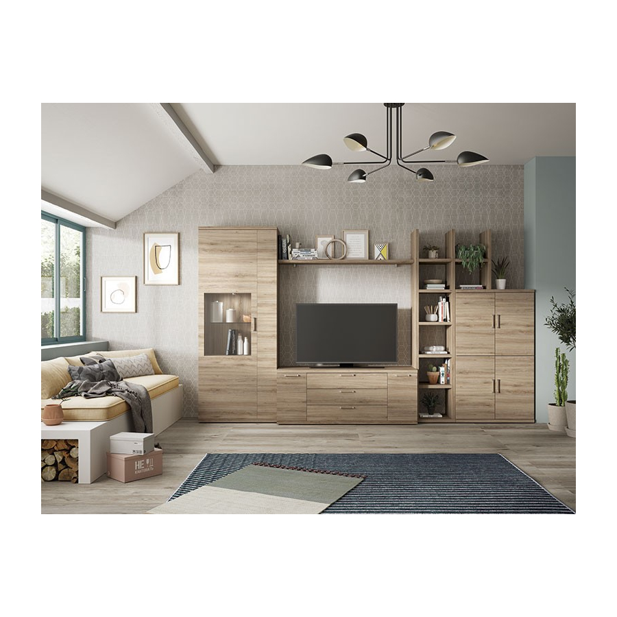 Salón Kronos 717, con vitrina, mueble tv, estantes y aparador con cuatro puertas