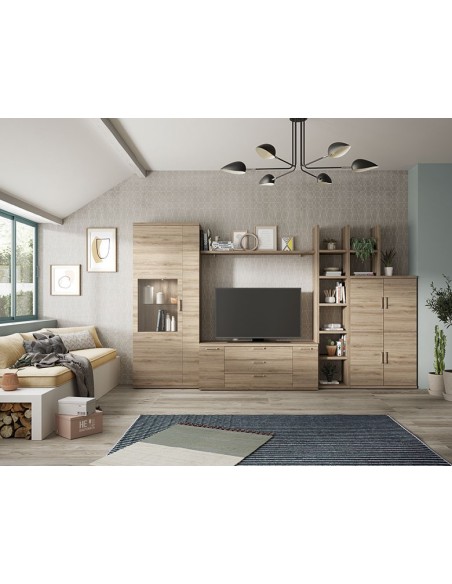 Salón Kronos 717, con vitrina, mueble tv, estantes y aparador con cuatro puertas