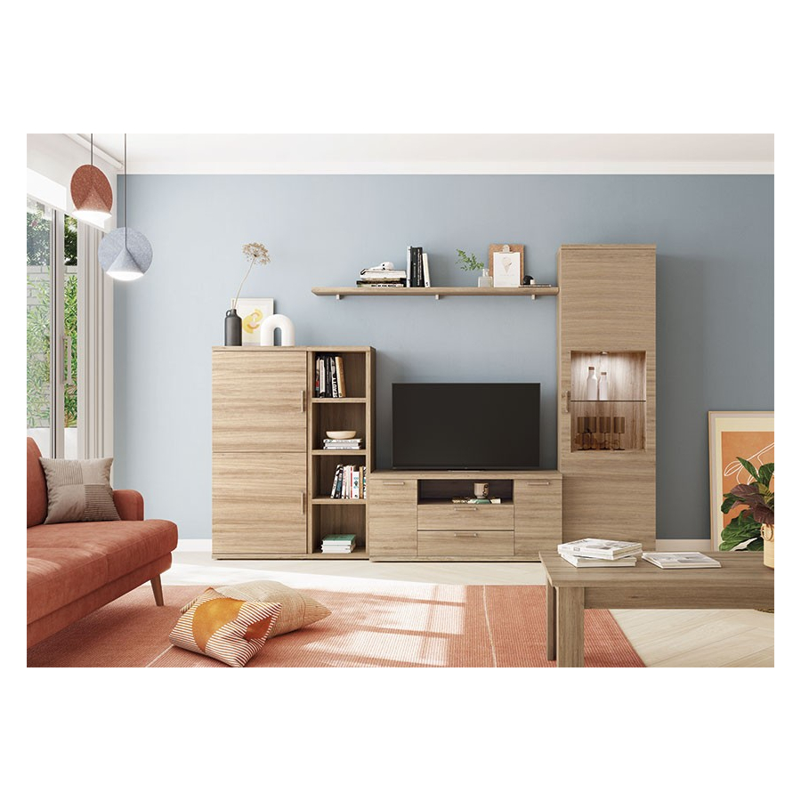 Salón Kronos 709, con aparador bar, estantería, mueble tv, y vitrina