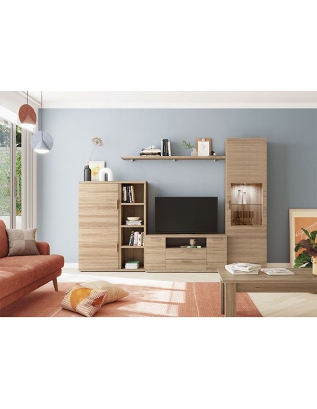 Salón Kronos 709, con aparador bar, estantería, mueble tv, y vitrina