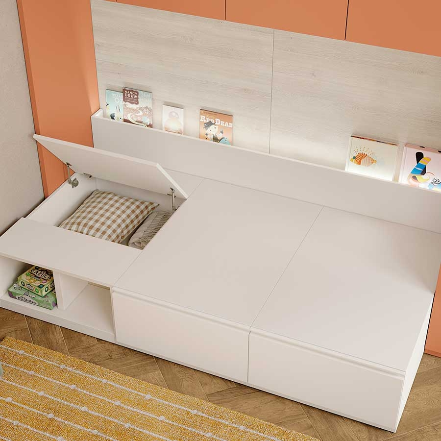 Dormitorio juvenil con base de cama con arcón
