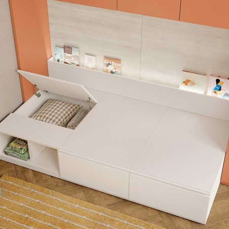 Dormitorio juvenil con base de cama con arcón