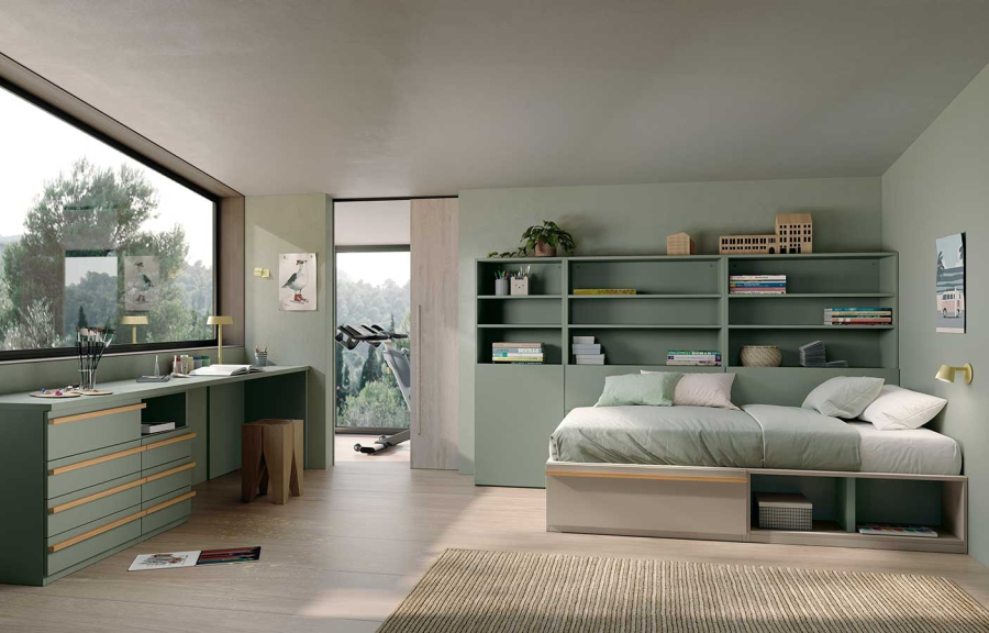 Dormitorio juvenil con estanterías, almacenaje y zona de estudio