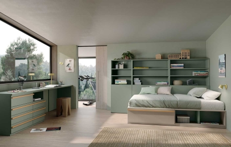 Dormitorio juvenil con estanterías, almacenaje y zona de estudio