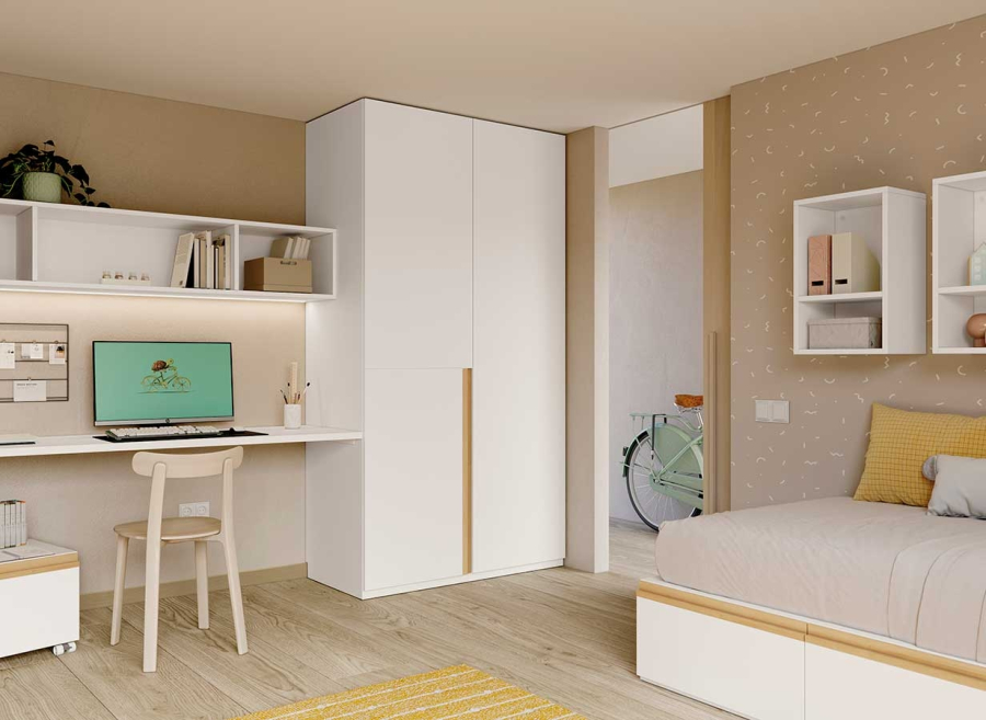 Dormitorio juvenil moderno con zona de estudio y armario