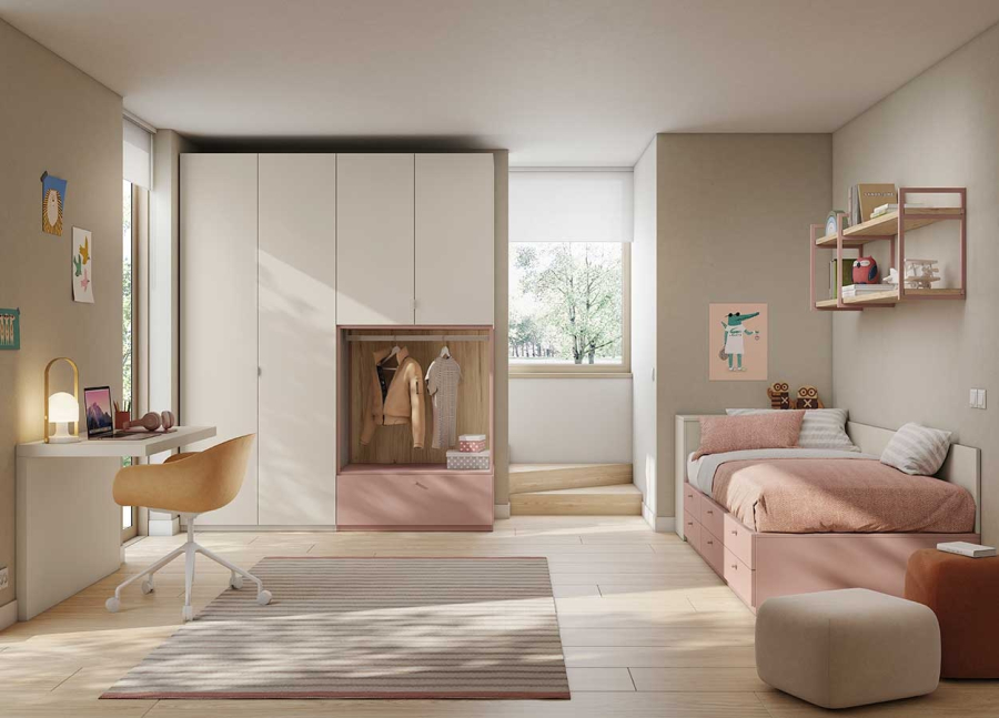 Habitación juvenil con cama y cajones