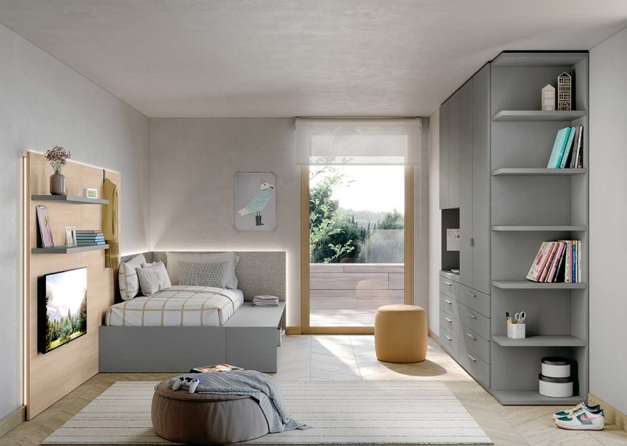 Dormitorio juvenil Antaix con estanterías