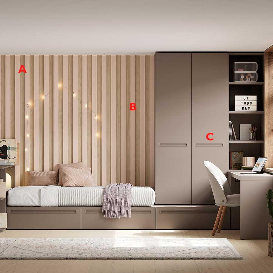Habitación juvenil con cama, armario y escritorio