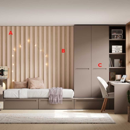Habitación juvenil con cama, armario y escritorio