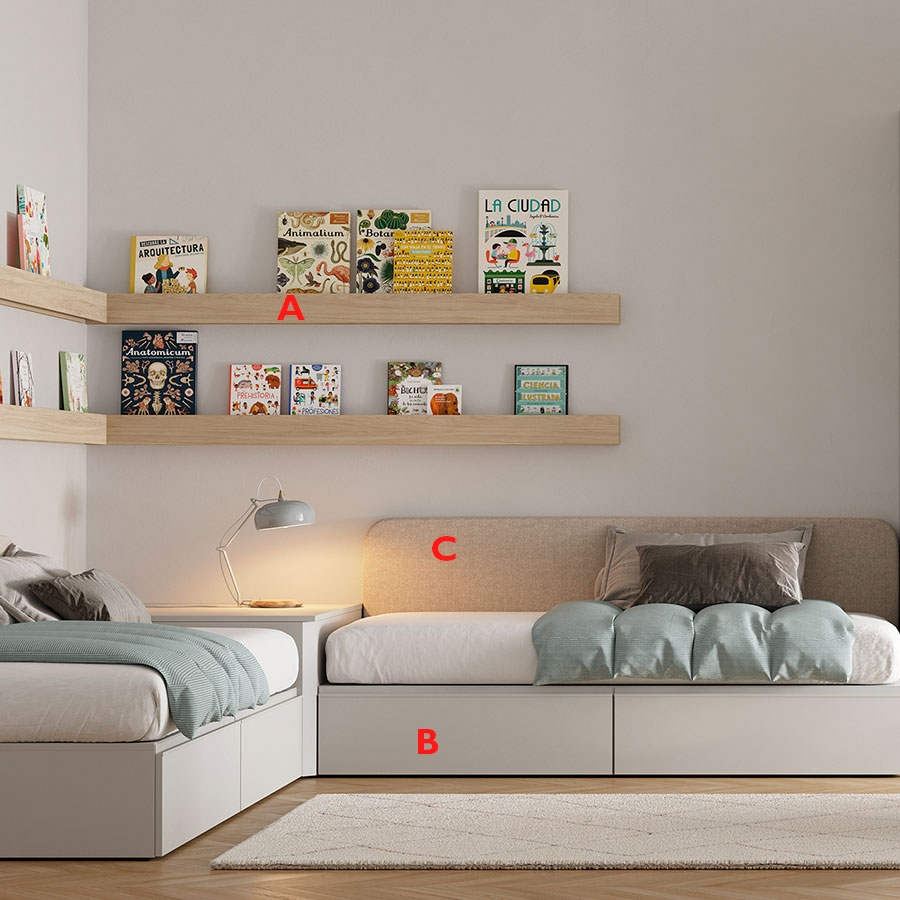 Habitación juvenil doble con estanterías