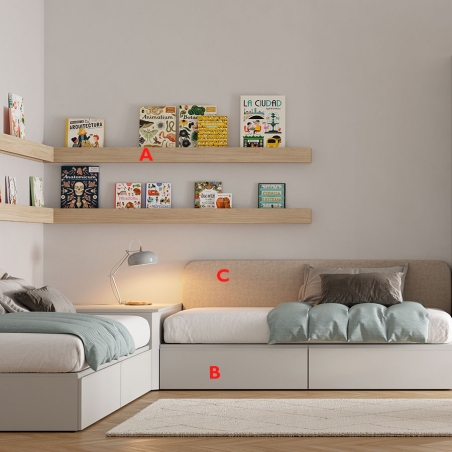 Habitación juvenil doble con estanterías