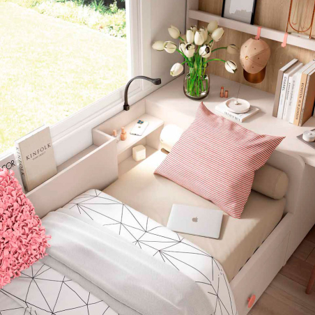 Habitación juvenil compuesta por cama con cajones, escritorio y armario