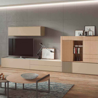Salón Heternia 17, fabricado en chapa de madera natural, lacados y porcelánicos.