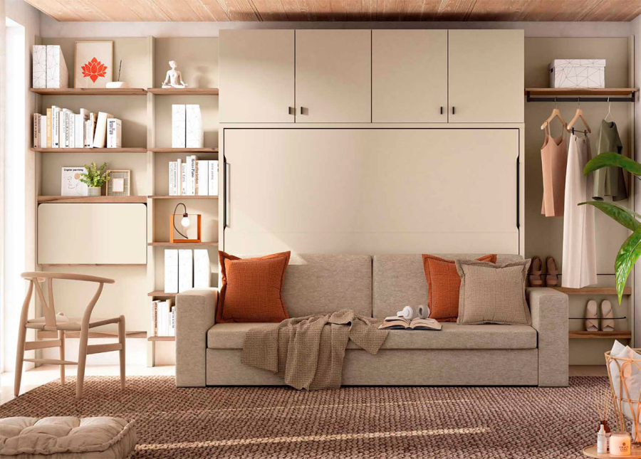 Dormitorio con sofá y cama abatible