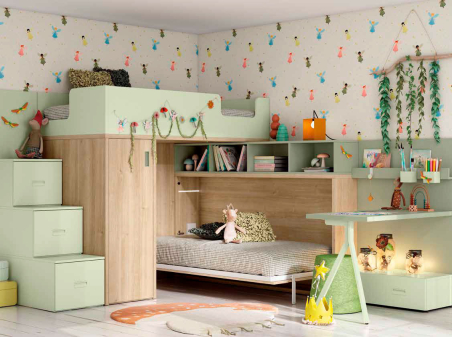 Dormitorio juvenil con cama abatible y litera