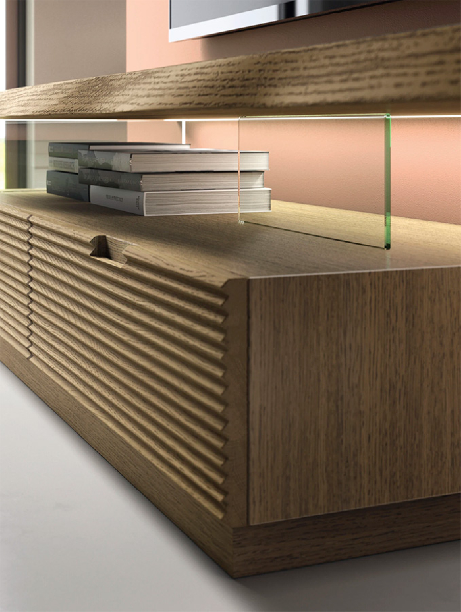 Detalle de la encimera fabricada en alistonado de madera maciza chapada en roble, del Salón L27 de Devina Nais
