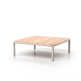 Mesa centro cuadrada con estructura de aluminio y sobre de teca