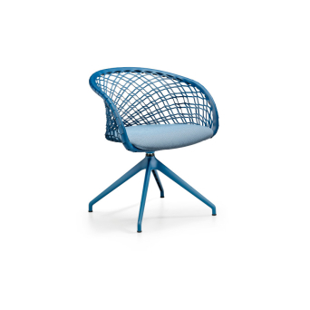 Silla P47de Midj con estructura de metal y carcasa de cuero con asiento tapizado en tela azul