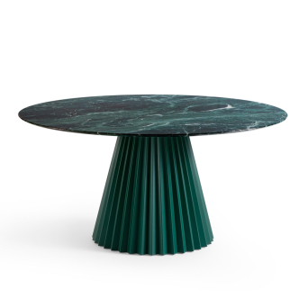 Mesa Plissé de la firma Midj con base de metal plisado y sobre de cristalcerámica color verde