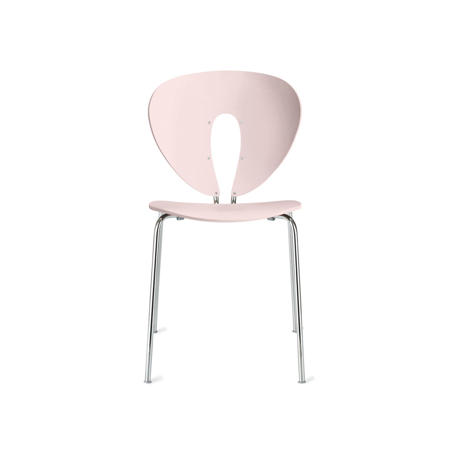 silla globus de Stua en polipropileno rosa con estructura metálica cromada vista frontal